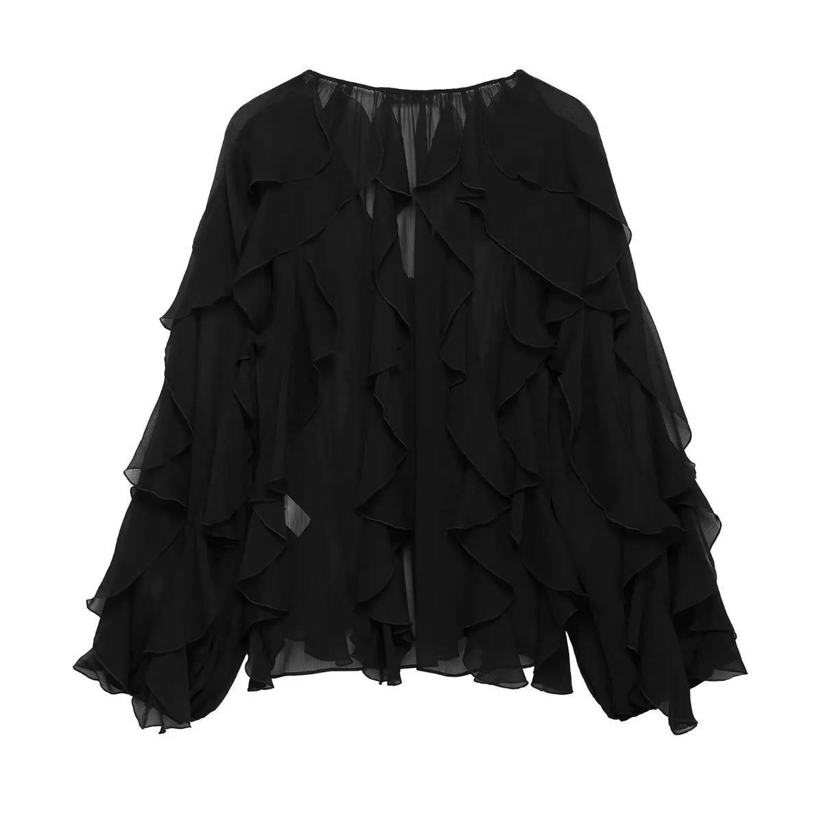Women Fashion Solid Ruffled Blouse Vintage V-Neck Long Sleeves Female Chic Lady Shirts
