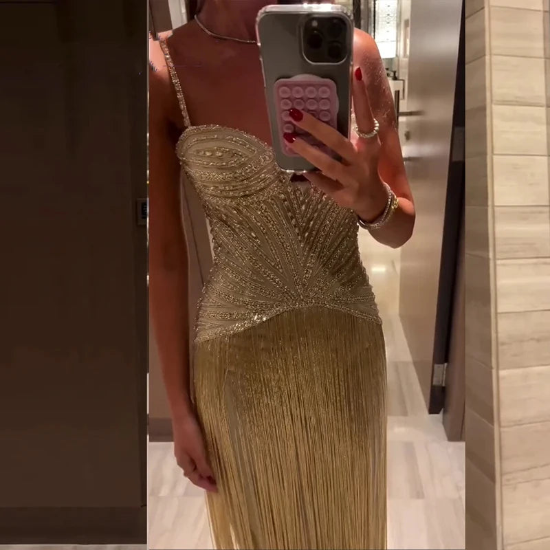 Fashion Backless Slim Fit Evening Gown Shiny Sequined High Waist Women Long Dress Sexy Wrap Chest Sleeveless Hollow Tassel Dress