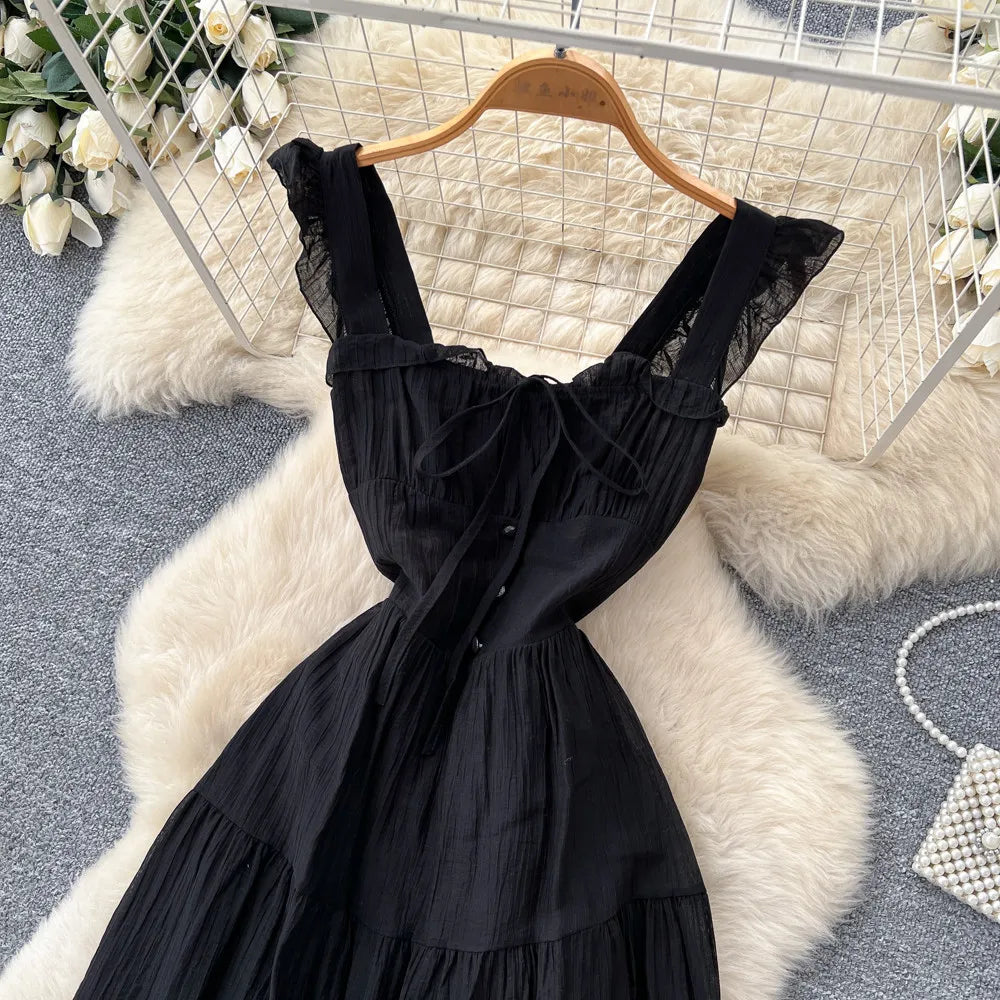 Summer French Sweet Camisole Ruffle Edge Dress for Women New Style with Straps Waist Cinching Vacation Style Dress C579