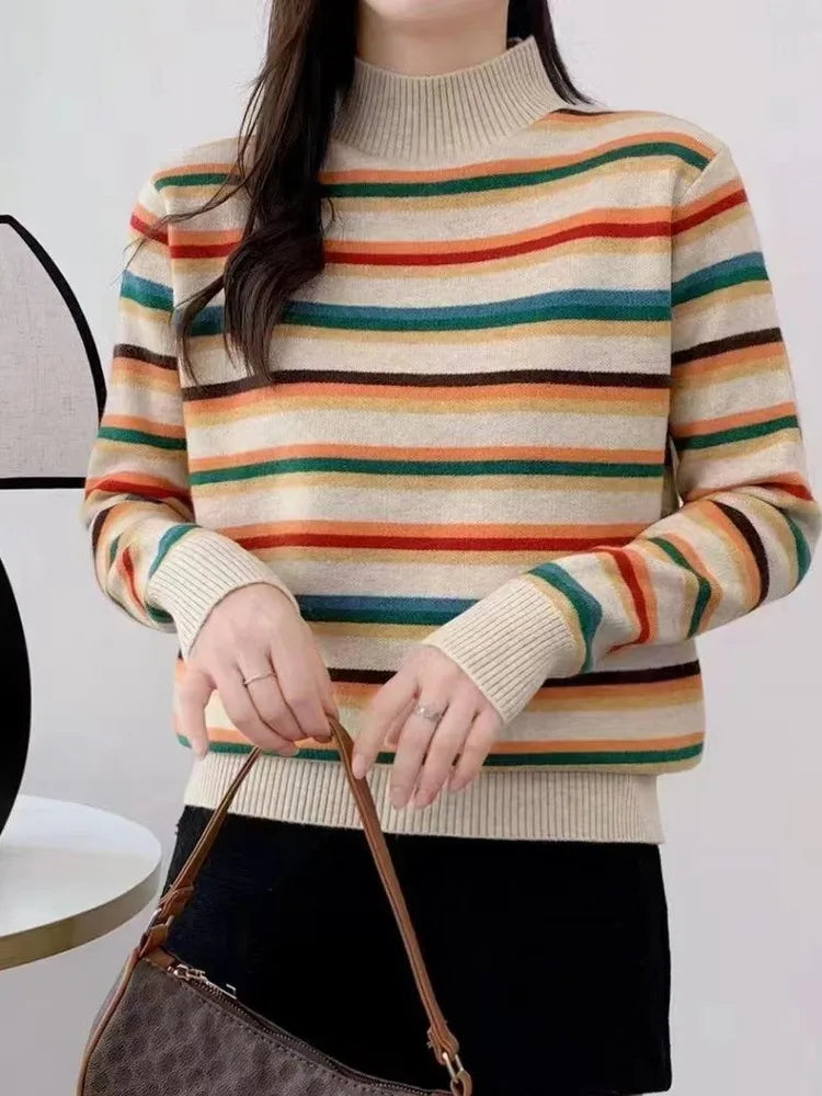 2026 Autumn Winter Thickened Warm Knitted Sweater Women's Loose Fit Color Block Striped High Collar Fashionable Base Shirt