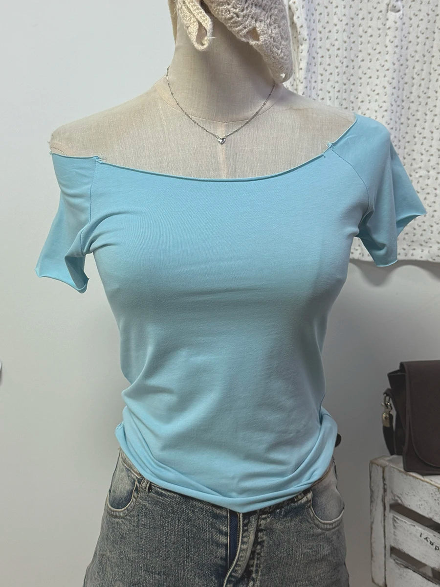 Mint Blue Slash Neck Crop Tops Women Summer Simple All-match Cotton Casual Slim T-shirts Sweet Cute Preppy Style Cropped Tees