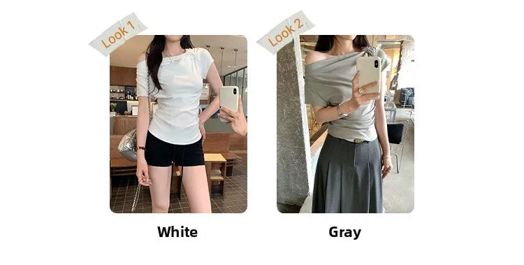 Slim Fit Short Sleeve T-Shirt Women Summer New Style Shoulder Bared Neckline Gathered Waist Elastic Band Casual Style Top