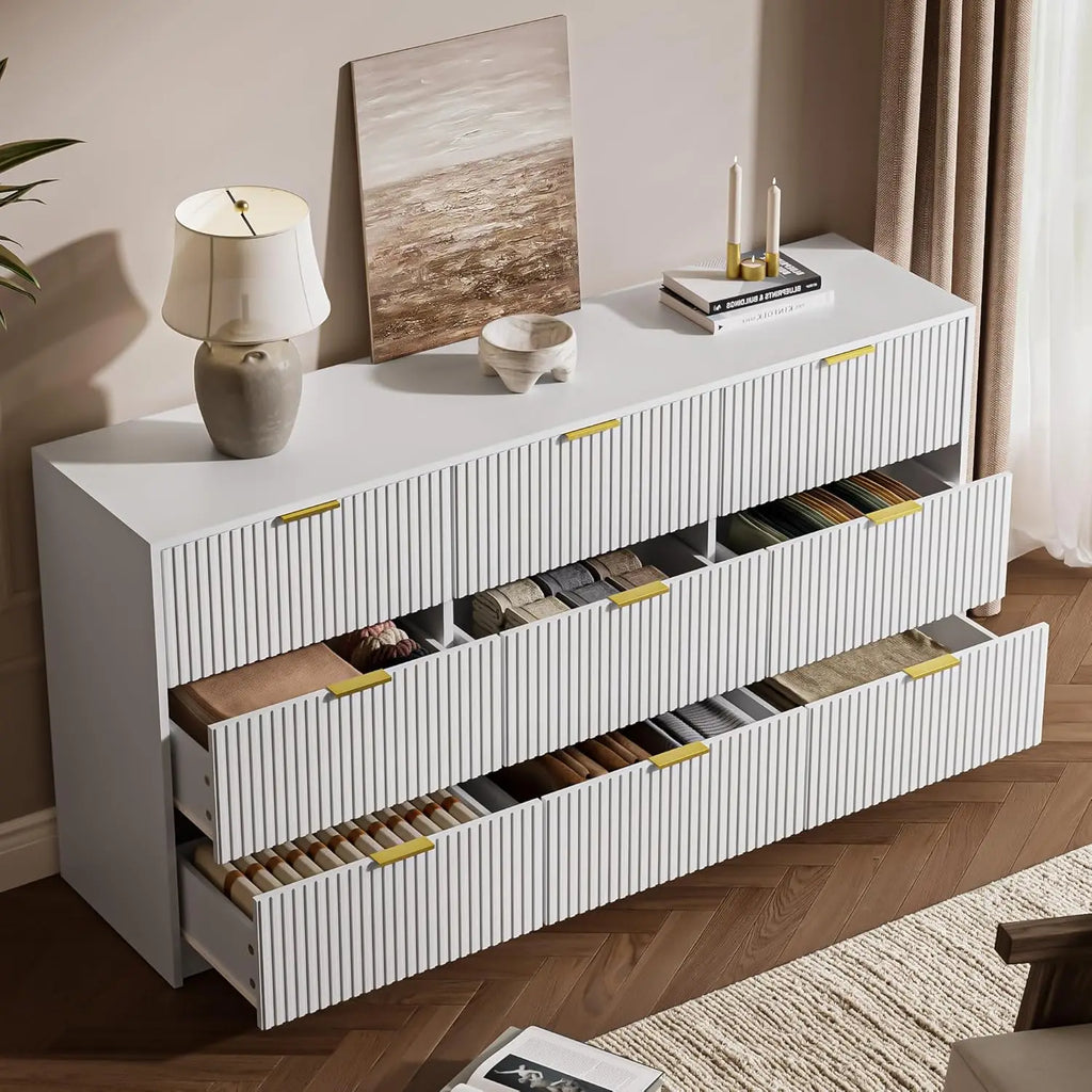 3-Piece Dresser Bedroom Set, 9 Drawer Dresser & 2 Drawer Nightstands with Gold Handles, Fluted Wood Chest of, Customized
