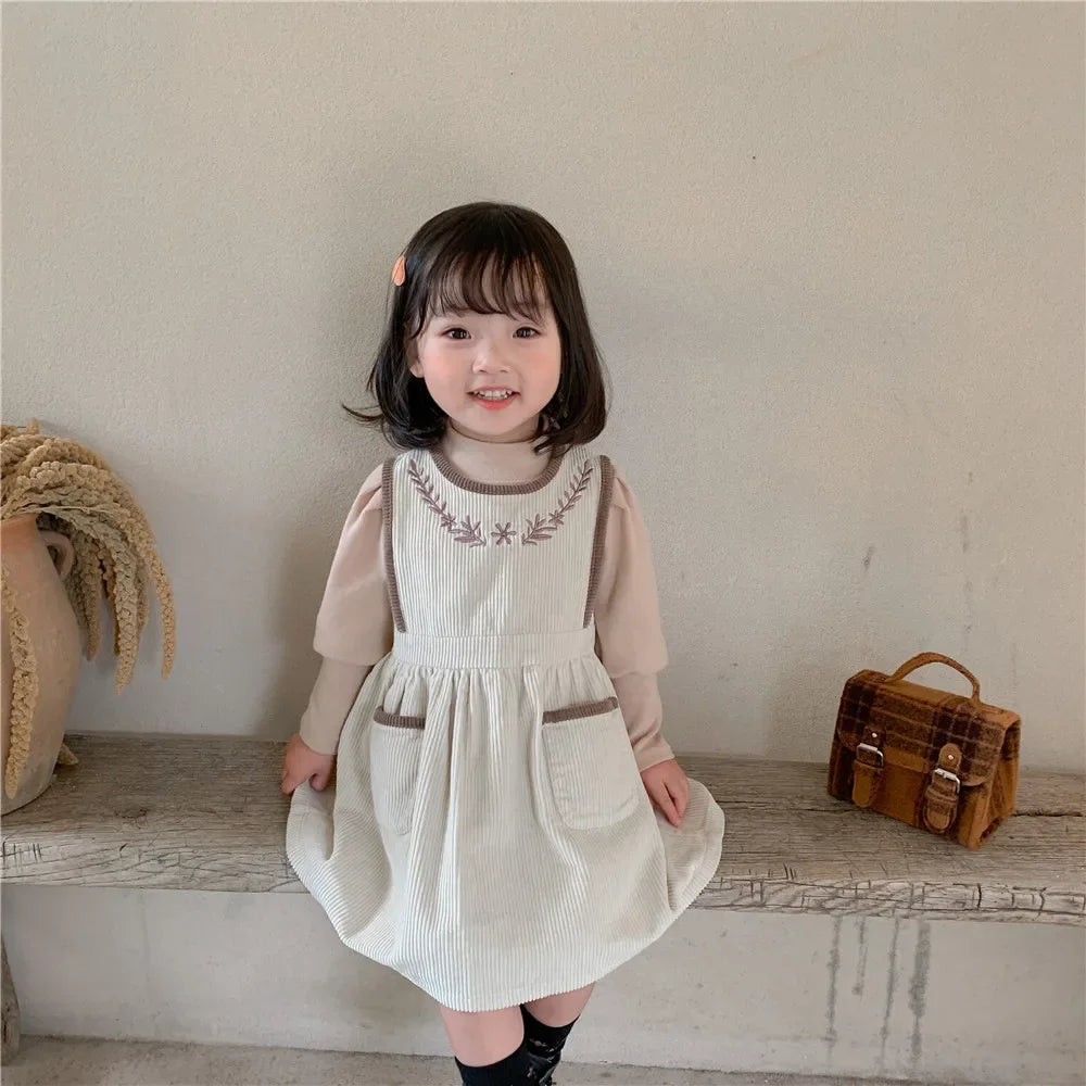 2025 Vinatge Baby Corduroy Sleeveless Dress Little Girls Sundress and Long Sleeve Tops Autumn Winter  Two Piece Set Children