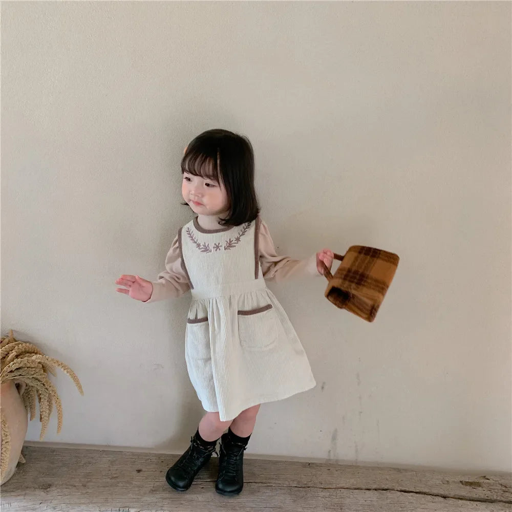2025 Vinatge Baby Corduroy Sleeveless Dress Little Girls Sundress and Long Sleeve Tops Autumn Winter  Two Piece Set Children