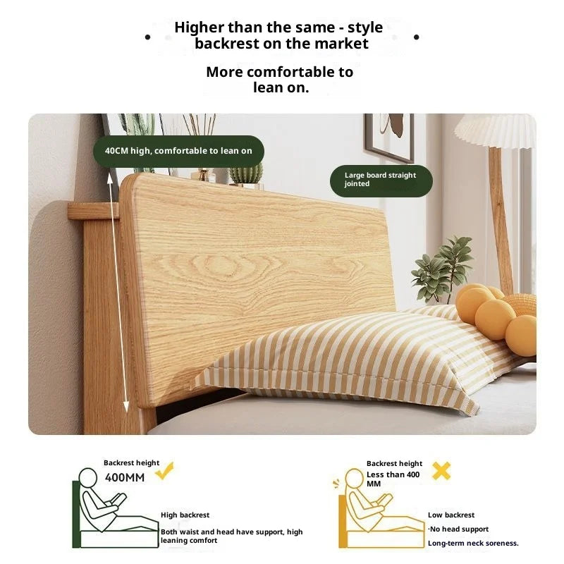 Japandi Beech Solid Wood Bed With Headboard, Japanese Log Low Bed Frame, Single Double Platform Bed For Small Bedroom Furniture