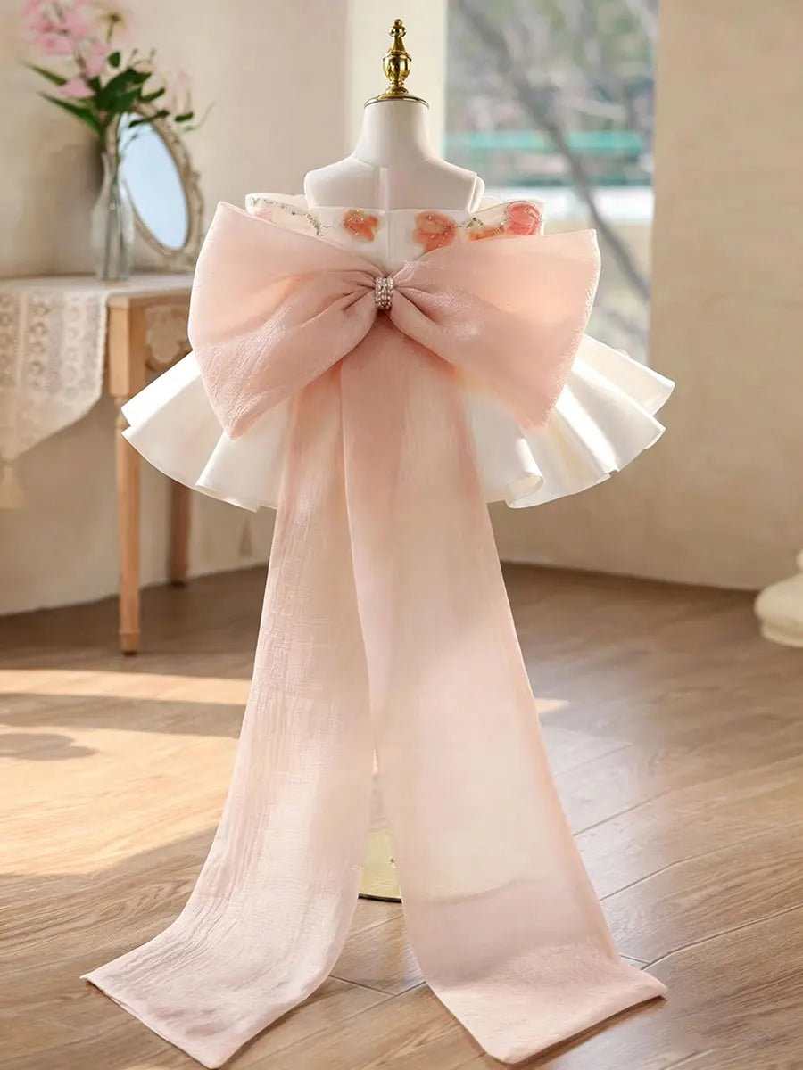 Dreamy Vow D267 White Girls Dress Pink Tulip Embroidery Off Shoulder Large Bowknot Satin Flower Girl Dress Kids Wedding Party