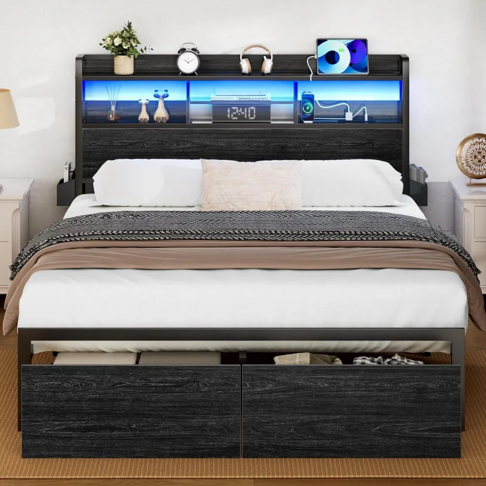 Full Size Bed Frame with Wood Headboard, Metal Platform Bed Frame Full Size with 2 Storage Drawers and Shelf, LED Light