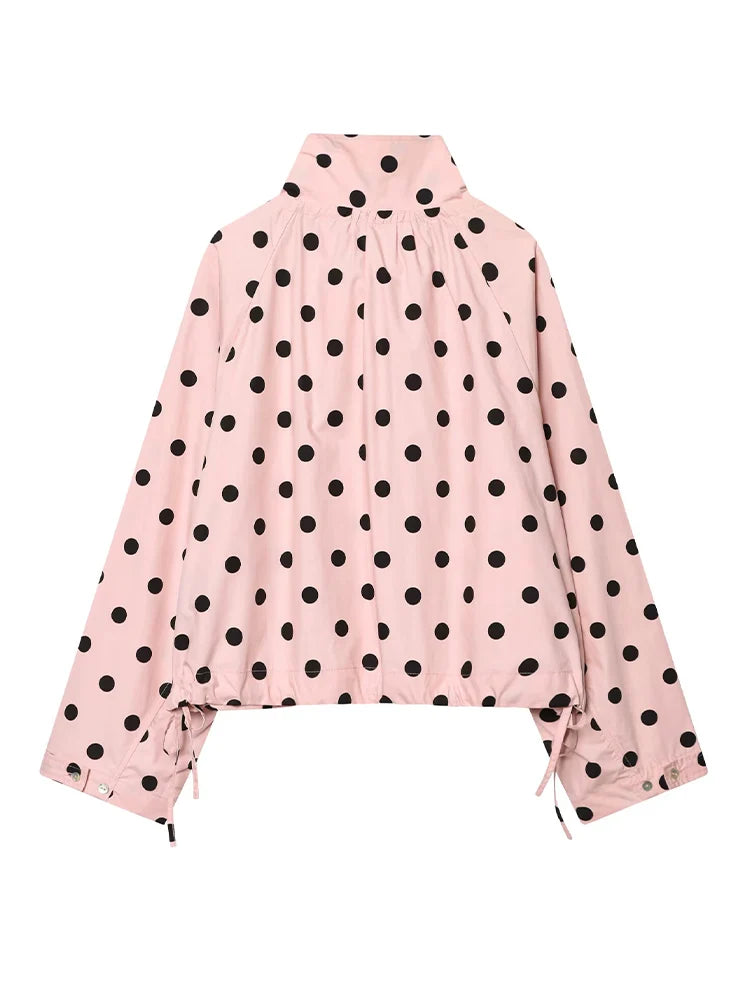 Woman Long Sleeve Pink Polka Dot Jacket Fashion Single Breasted High Collar Short Coat Women Spring Casual High Street Jacket