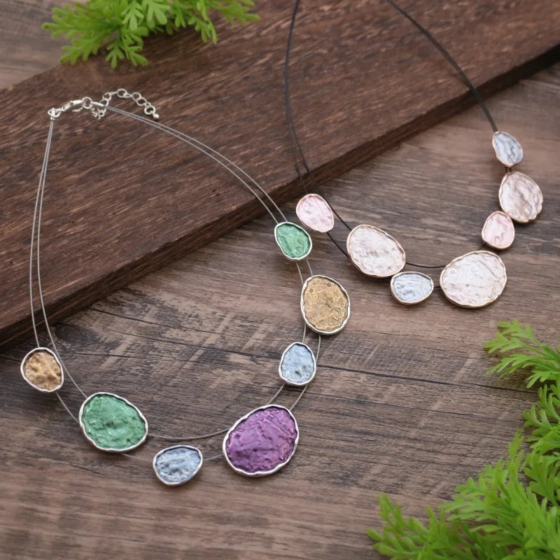 Bohemian Irregular Enamel Necklace Rose Gold Plated Multicolored Disc Double-Layer Necklace Adjustable Chain Jewelry Gift