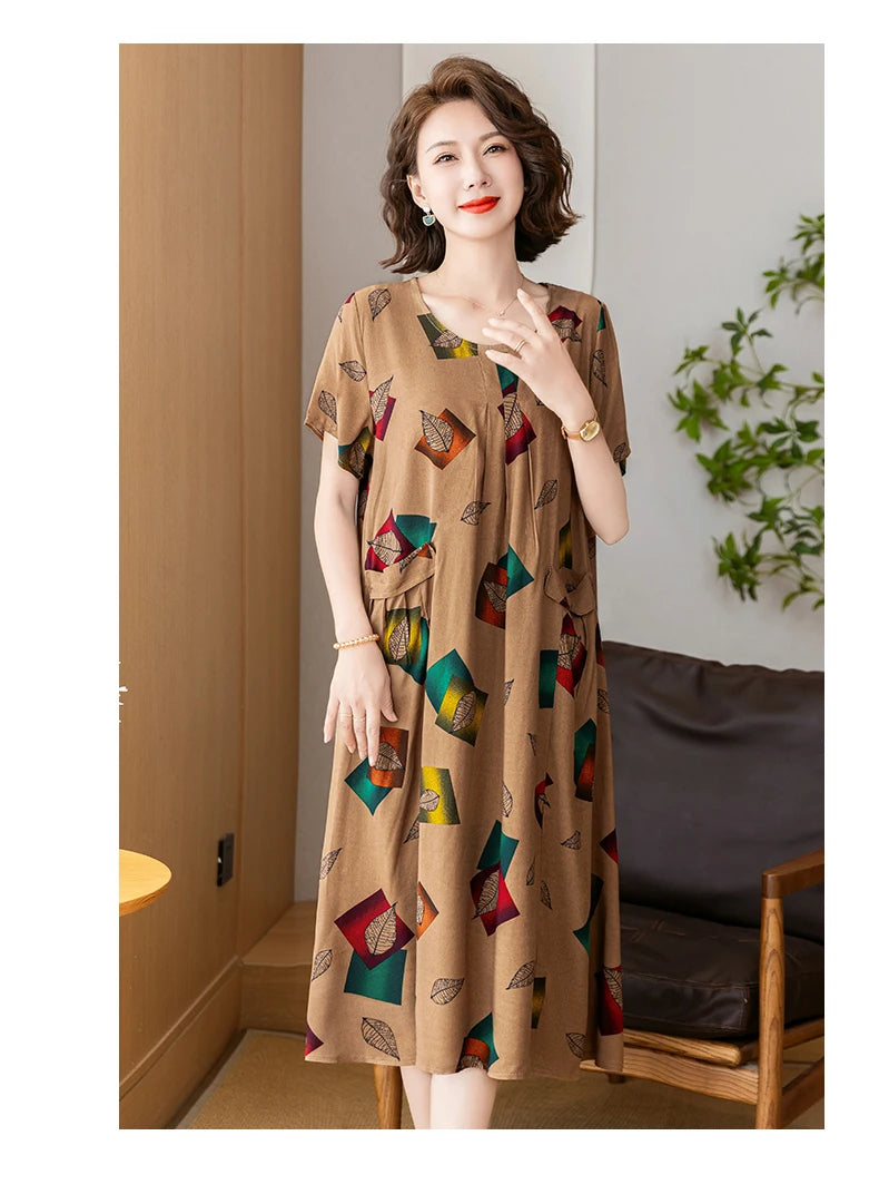 New 2025 Summer Dress Long Vintage Loose Women Elegant Sundress Dress Casual O-neck Dresses Print Plus Size