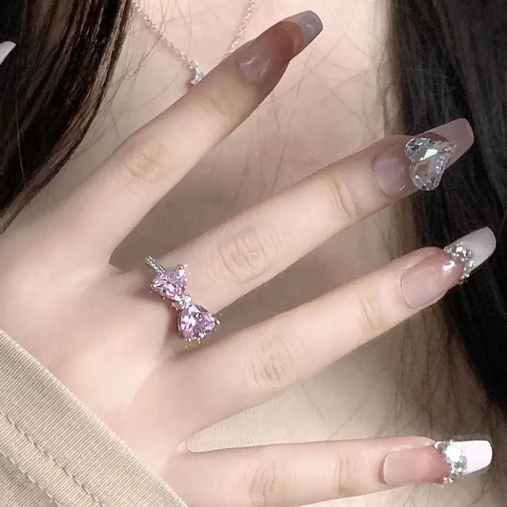 New Arrived Romantic Lovely Pink Bowknot Design Female Exquisite Jewelry Ring with Micro Bow Tie Zircon for Party and Dating