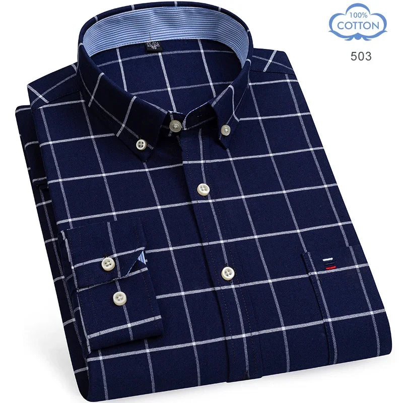 100 Percent Cotton Oxford Shirt For Men Long Sleeve Plaid Pattern Business Office Wear Smart Casual