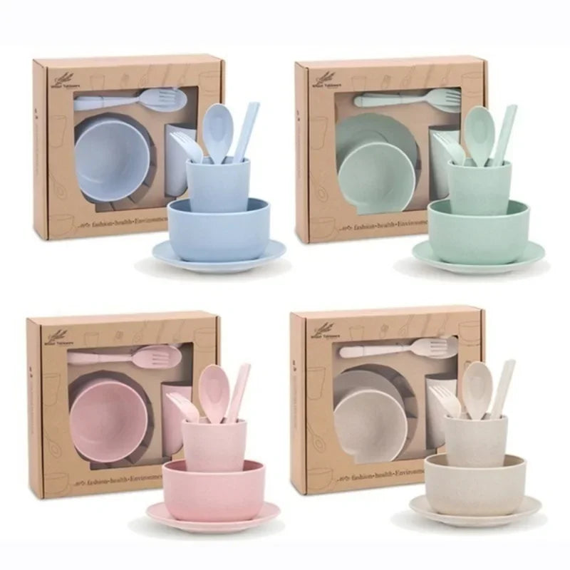 6 Pcs/Set Wheat Straw Baby Tableware Children Food Dishes Bowl Feeding Infant Learning Dinnerware Spoon Chopsticks Fork Cup New
