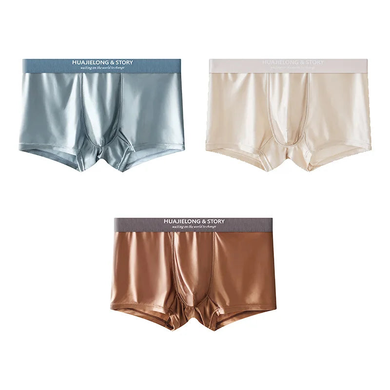 1/3Pcs Breathable Thin Satin Silk Boxer Briefs Seamless Mid Waist Ice Silk Boxers Underpants Smooth Underwear For Men Daily