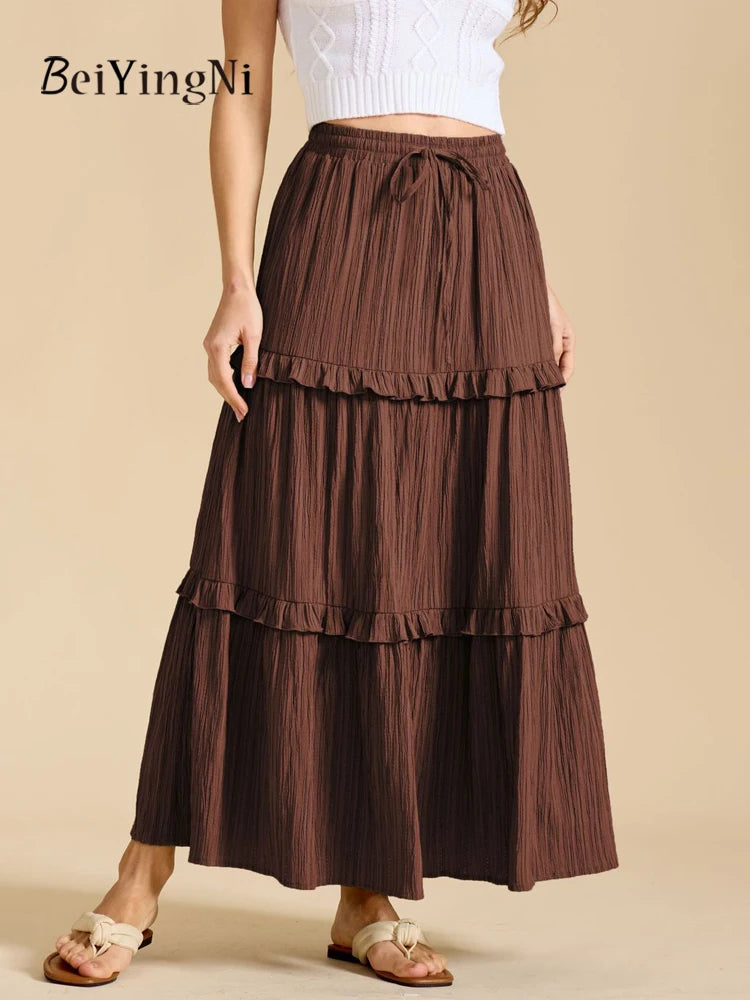 Beiyingni 2025 New In Women's Skirt Pure Color Leisure Fashionable Lace-up A-line Long Maxi Skirts Female Simple Slim Faldas