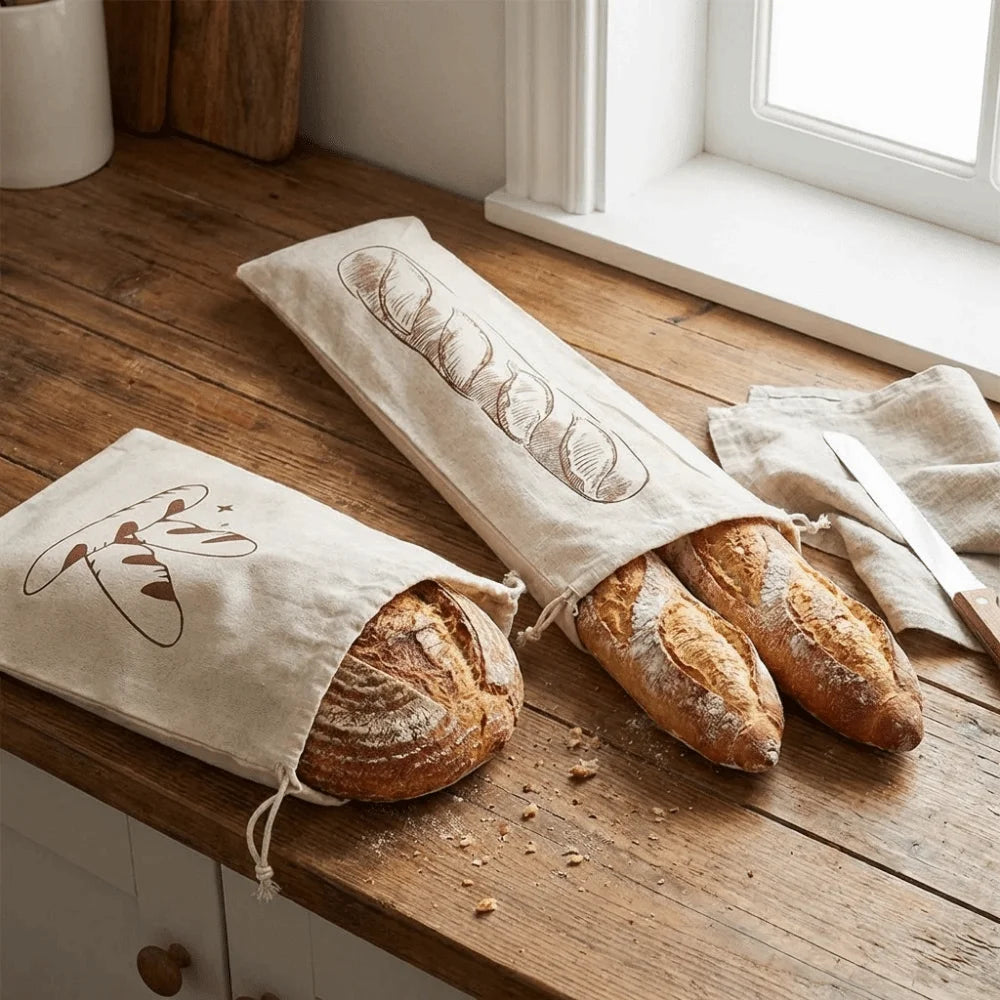 2 BOLSAS GRANDES DE LINO PARA PAN Bolsas de almacenamiento de pan ecológicas que mantienen la frescura, lavables, reutilizables con cordón, para panaderías