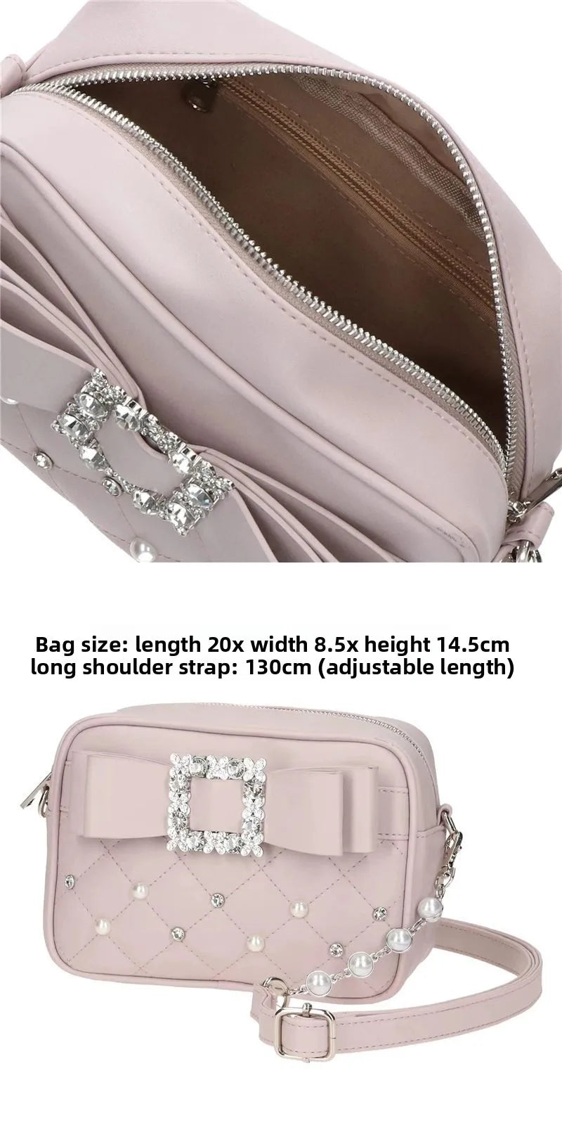 Sweet Knot Pearl Oulder Crossbody Bag Diamond Id Pattern Small Square Bag Faionable for Young Women Pearl Shoulder Rhinestones