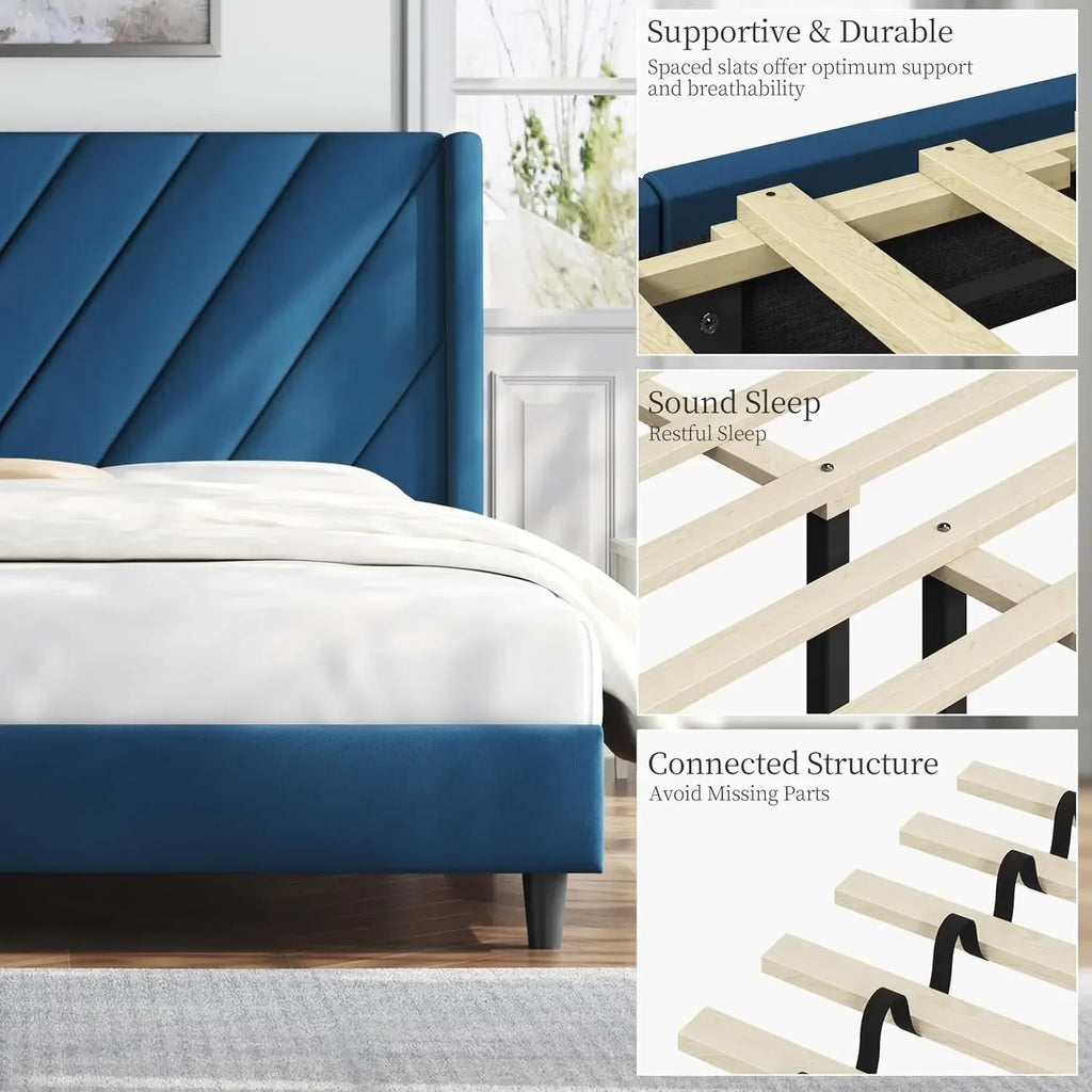 Queen Bed Frame Upholstered Platform Bed with Wing Side/Wooden Slat Support/Tufted Headboard with Wing Side/Mattress Foundation