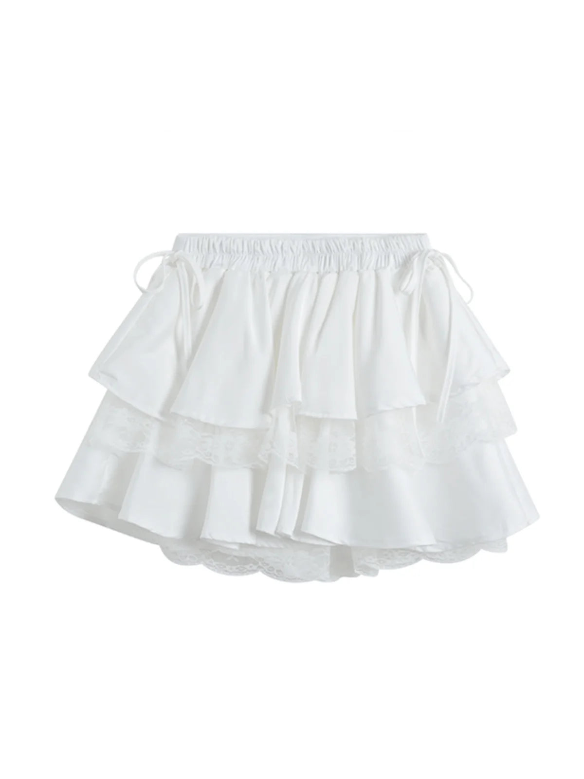 White Mini Skirts Women Lace Patchwork Sweet Ball Gown Sexy French Style Ruched Ruffled High Waist Summer Layered Romantic Gril