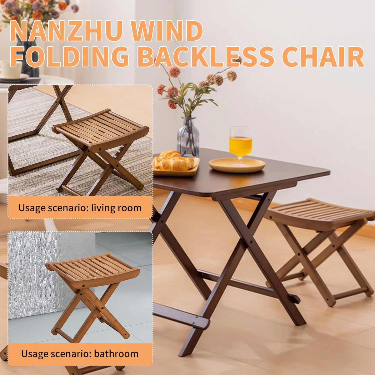 Portable Folding Bamboo Shower Stool - Spa-Style Foldable Bath Seat for Showering, Shaving, & Sauna Use, Natural Bamboo Design