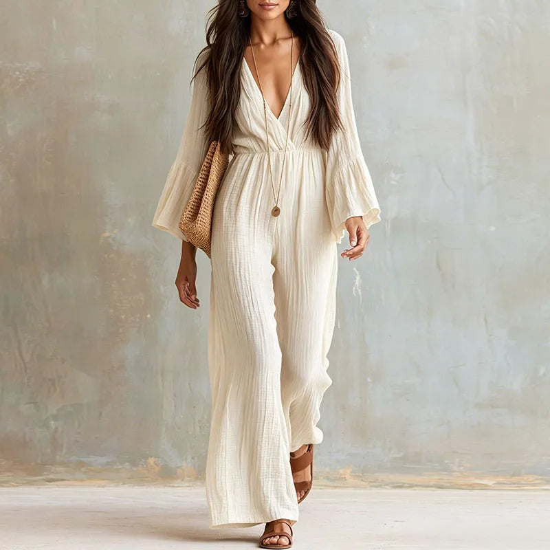 Women Solid Crinkle Jumpsuit Deep V 3/4 Flare Sleeve Elastic Waist Pocket Wide Leg Playsuit Bohemian Autumn Beach Holiday Romper