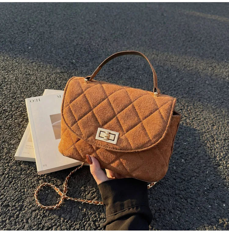 Diamond Grid Chain Crossbody Bag One Shoulder Purse Trendy Flip Top Clutch Women's Fashion Suede Leather Casual Shoulder Bag