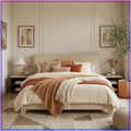 Linen Upholstered Queen Size Bed Frame with Headboard, Beige