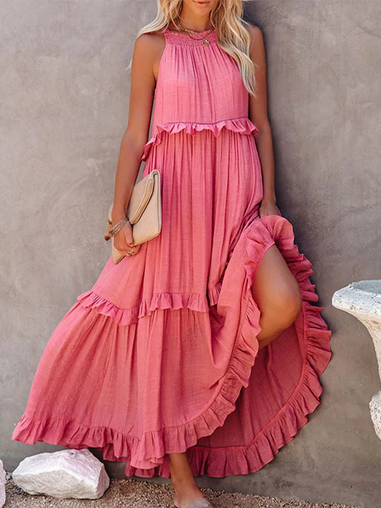 Women Halter Neck Maxi Dress Sleeveless Ruffle Tiered Loose Flowy Bohemian Beach Long Dress