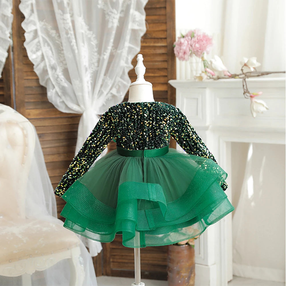 HETISO Girls Party Dresses Long Sleeve V-Neck Kid's Children Elegant Dress for Girl Sequined Tutu Wedding Ball Gowns 4 6 8 10Y