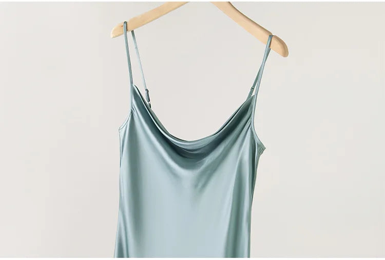 Women's Summer New Style French 100% Natural Mulberry Silk Plain Satin Swing Collar Temperament Camisole Slim Fit Party Dress