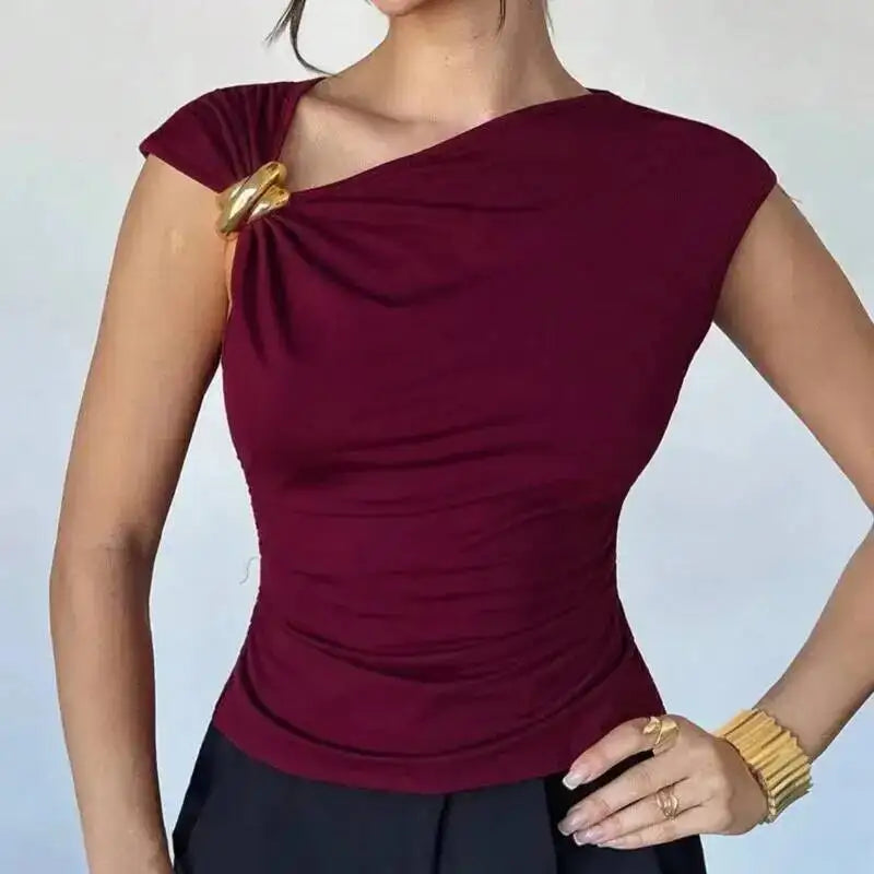 Women Solid Color Short Sleeved Top Summer Asymmetrical Slanted Collar Slimming Vest Elegant Comfortable And Breathable Vest
