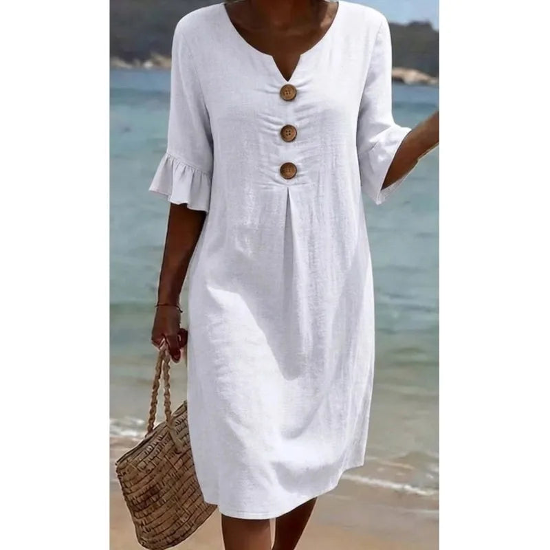 Simple Casual Women's Solid Color Midi Dress V Neck Button 3/4 Sleeve Loose 2026 New Summer Beach Vacation Dresses With Pockets
