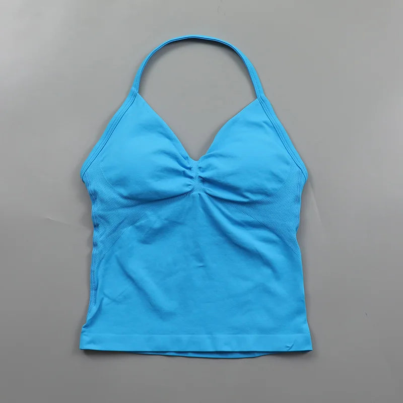 No Logo Longline Strappy Top Women Seamless Yoga Tank Top Ruched Backless Gym Clothes Workout Sleeveless Shirt With Built In Bra