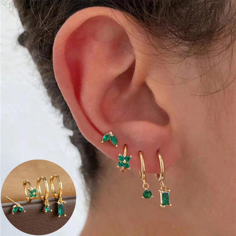 Cubic Zirconia Flower Hoop Earrings 4 Piece Set 18K Gold Plated Stainless Steel For Women