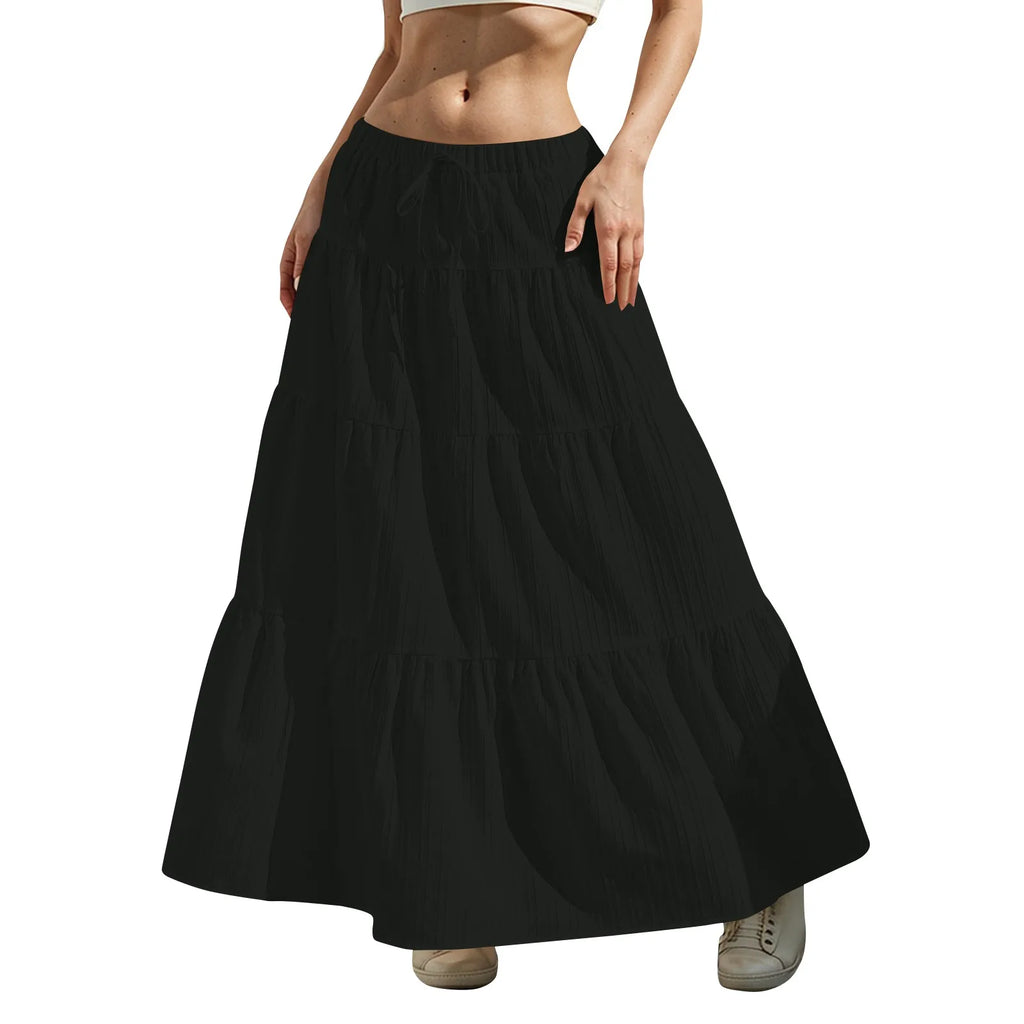 Women's Flared Ruffle Hem Maxi Skirt Fashion Women Solid Long Skirts Elastic Waist Elegant Long Skirt Spring Summer Cake Dress