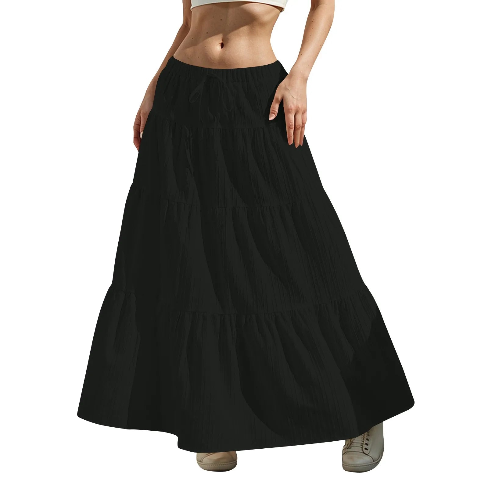 Women's Flared Ruffle Hem Maxi Skirt Fashion Women Solid Long Skirts Elastic Waist Elegant Long Skirt Spring Summer Cake Dress