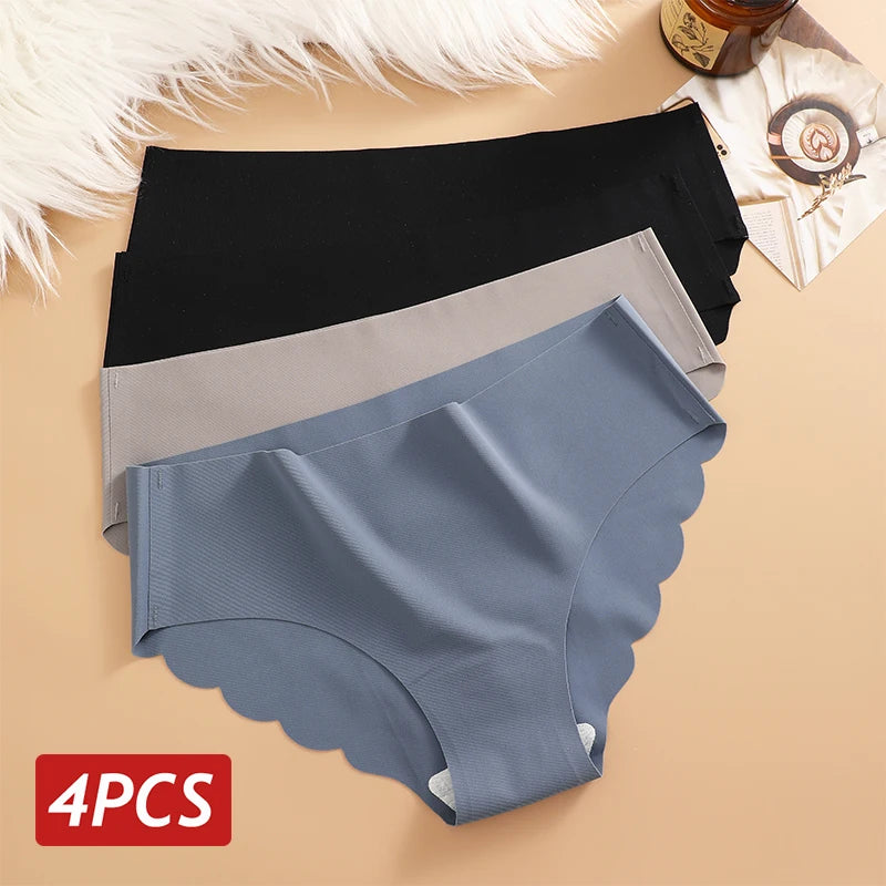 Ice Silk Seamless Panties 4Pcs/Set Women'S'S Briefs Solid Color Elastic Underwear Female Ultra Thin No Trace Wavy Side Panties