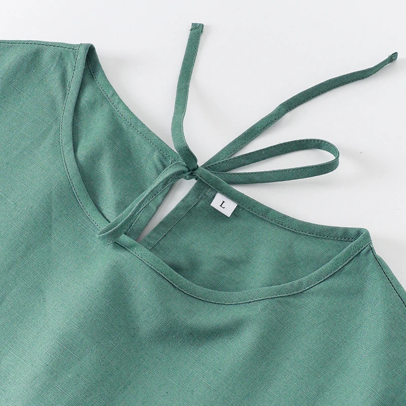 Women Cotton Linen Midi Dresses Summer Chic Female Vestidos Loose A-Line Dress Short Puffy Sleeve Casual Sundress