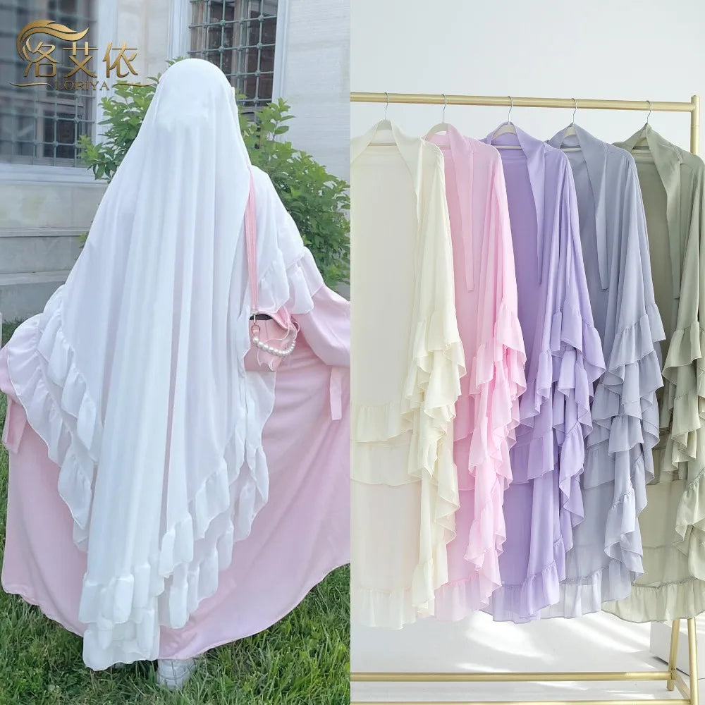 Ruffled Long Chiffon Muslim Abaya Solid Color One-piece Ramadan Khimar Abaya Headscarf Prayer Dress Dubai Saudi Black Robe