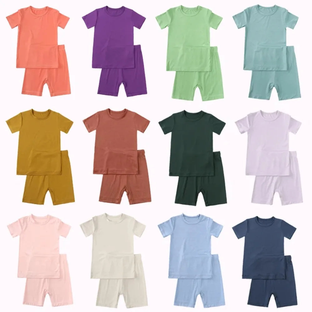 2-Pcs Summer Children's Bamboo Fiber Short-sleeved Shorts Suit Boy Casual Breathable Top Baby Girl Pink Sweet Soft Home Clothes