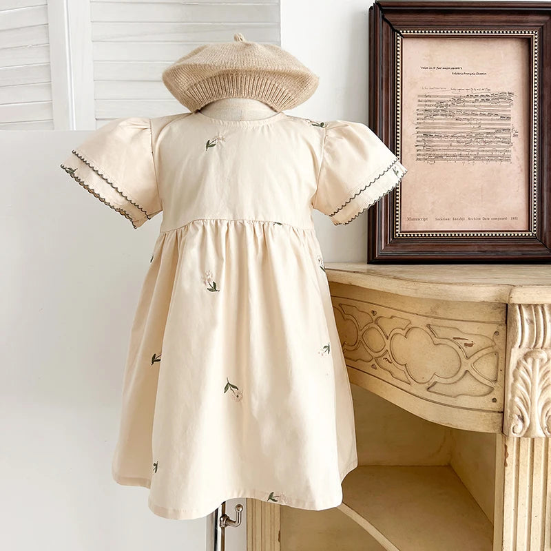 1-6Yrs Summer Girls Dress Baby Clothes Fashion Smocking Stitch Girls Dress Puff Sleeve Floral Cotton Baby Girls Princess Dresses
