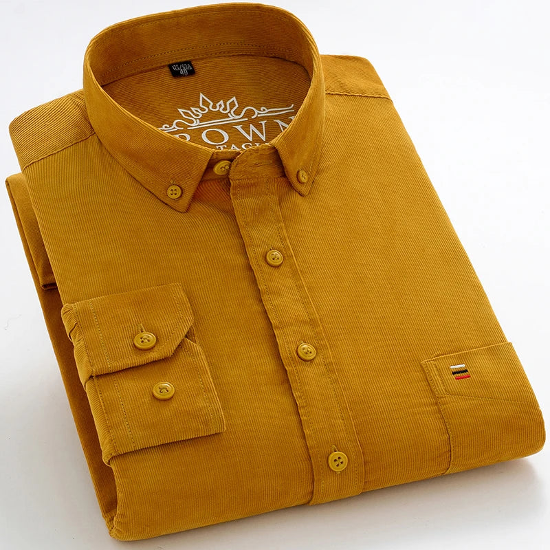 Autumn Winter Men Long Sleeve Regular Fit Business Solid Corduroy100% Cotton Casual Shirt For Mens Office Shirts With Pocket