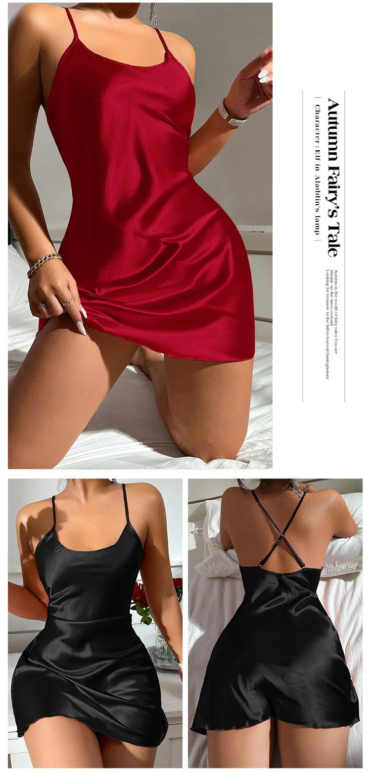 Sexy Lace Satin Silk Mini Dress Women Nightdress Sleepwear Cross Strap Pile Pile Collar Slip Backless Night Dress Pajamas