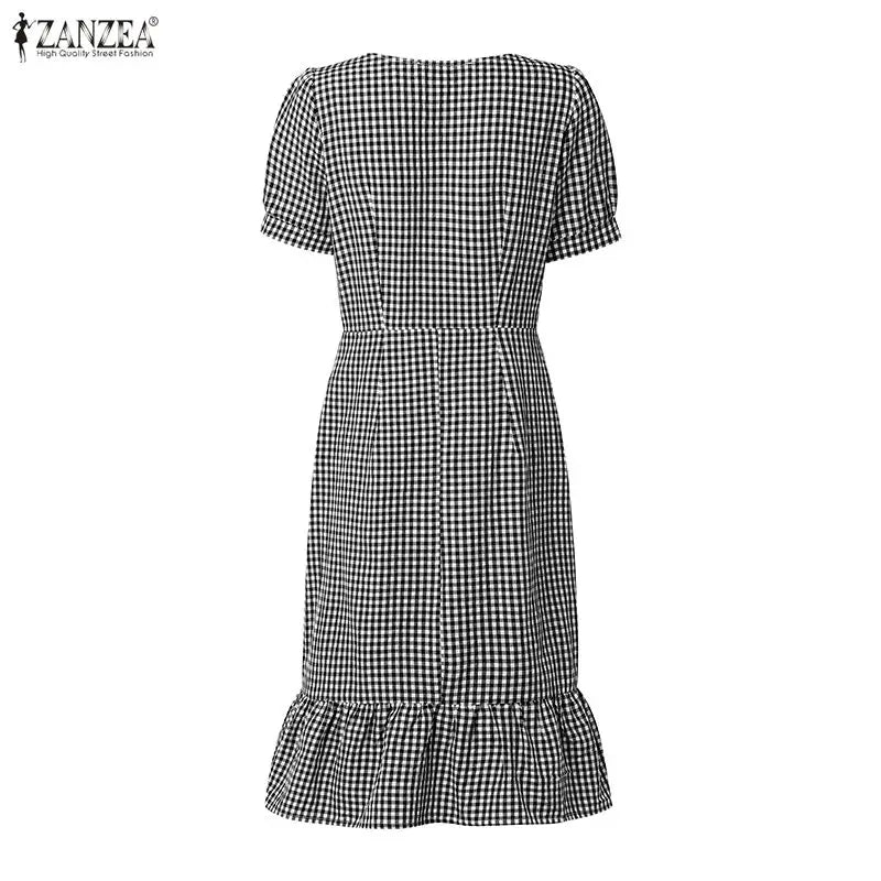 Woman Vintage Suqare Neck Gingham Knee-Length Dress Casual Puff Sleeves Ruffled Hem Dresses ZANZEA Summer Daily Wear Vestidos