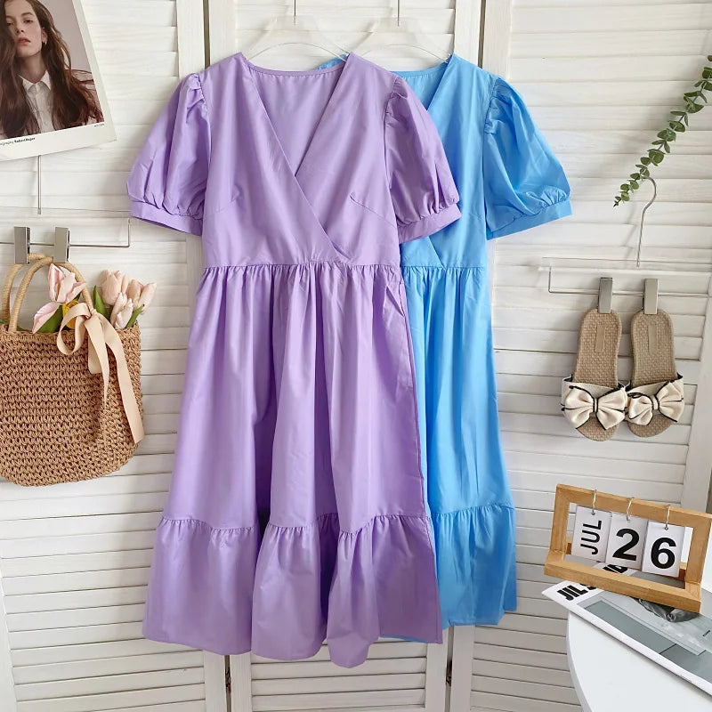 Retro Elegant  Color V-neck Bubble Sleeve Waist-cinching Slimming Casual Lace Trim Dress Women Summer Midi Dress