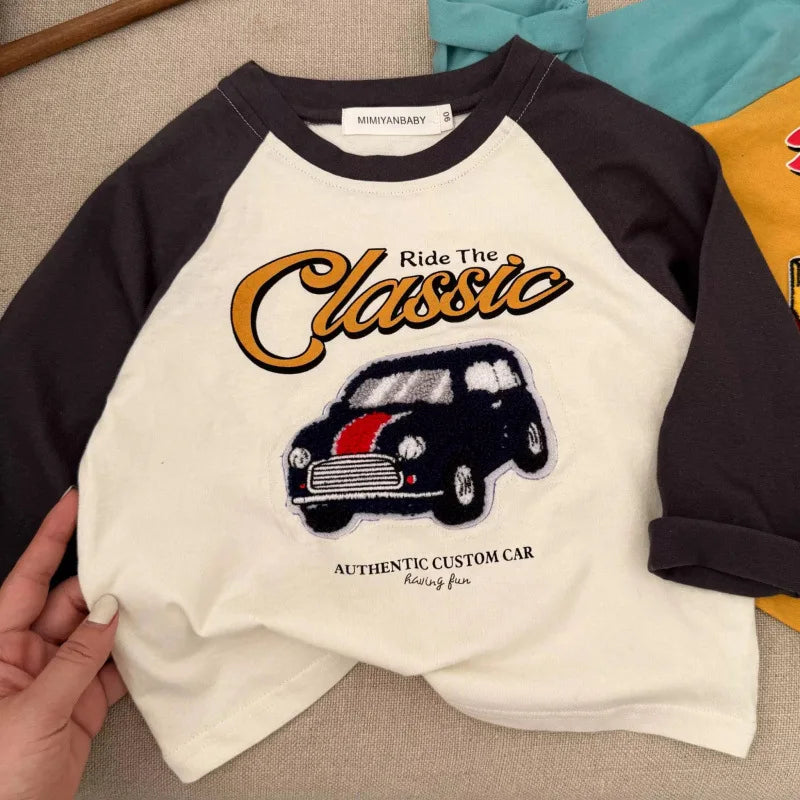 Boys Spring Cartoon Splicing T-Shirt Costume Toddler Fashion Cute Round Neck Tees Casual Loose New Long-Sleeved Tops Outer Wear