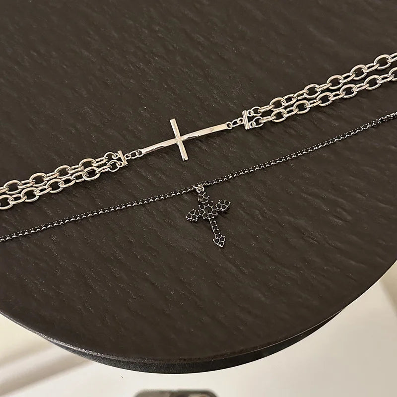 Gothic Cross Shape Multi-Layer Chain Necklace For Men Women Black Zirconia Stone Personalized Style Party And Daily Wear