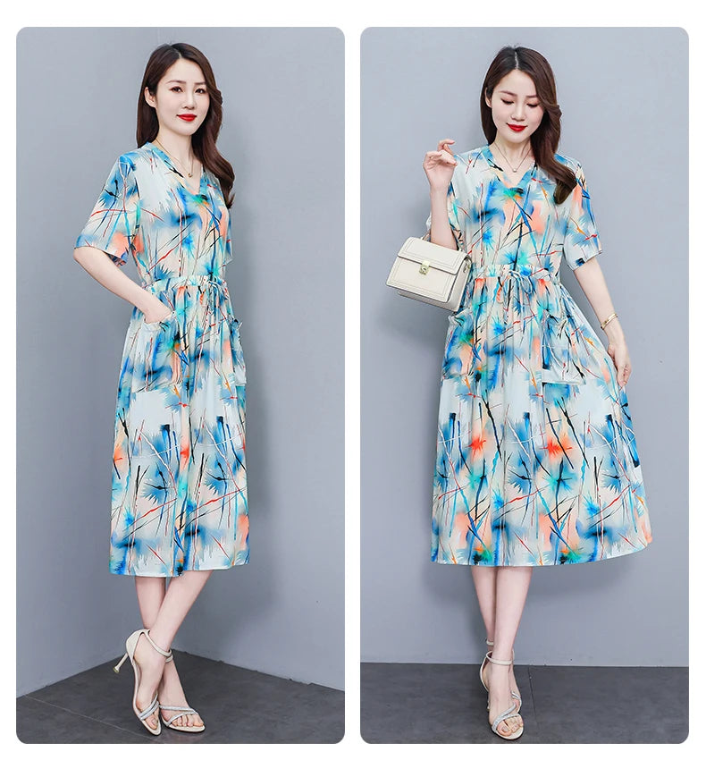New Fashion 2025 Summer dresses For Women V-Neck Plus Size Woman Cothing Loose Short Sleeve Women Print Dresses