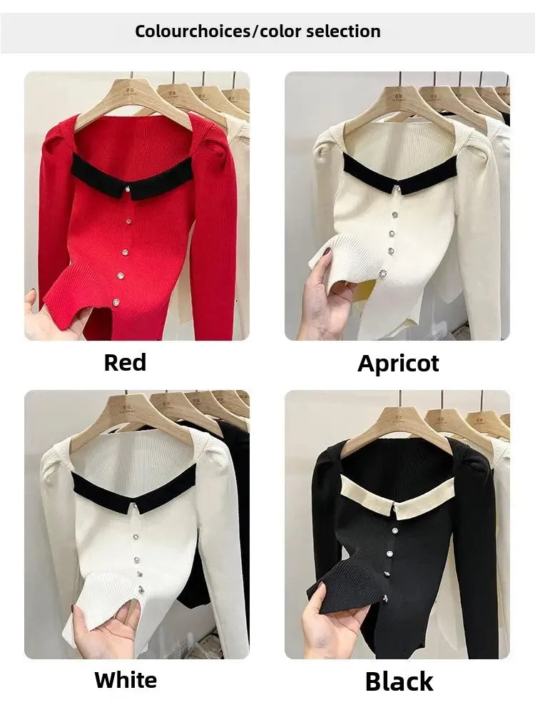 Women's Knitted Short Sweater Square Collar Base Shirt Color Collision Design Sensation Autumn Winter Special Edition Top